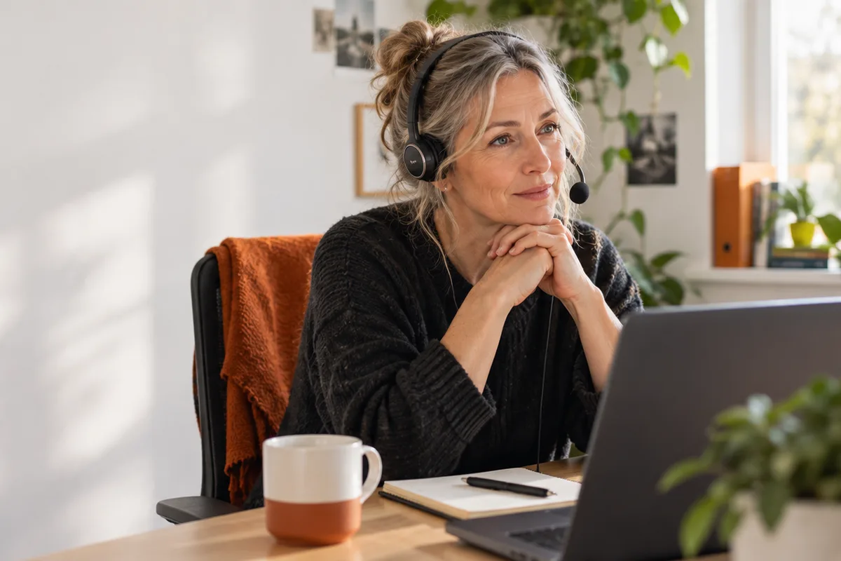 A volunteer listening attentively in a quiet support workspace.
