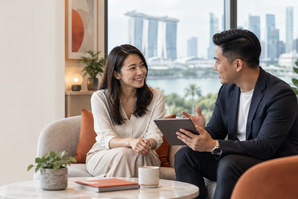 A banking customer and adviser discussing a digital service in Singapore.