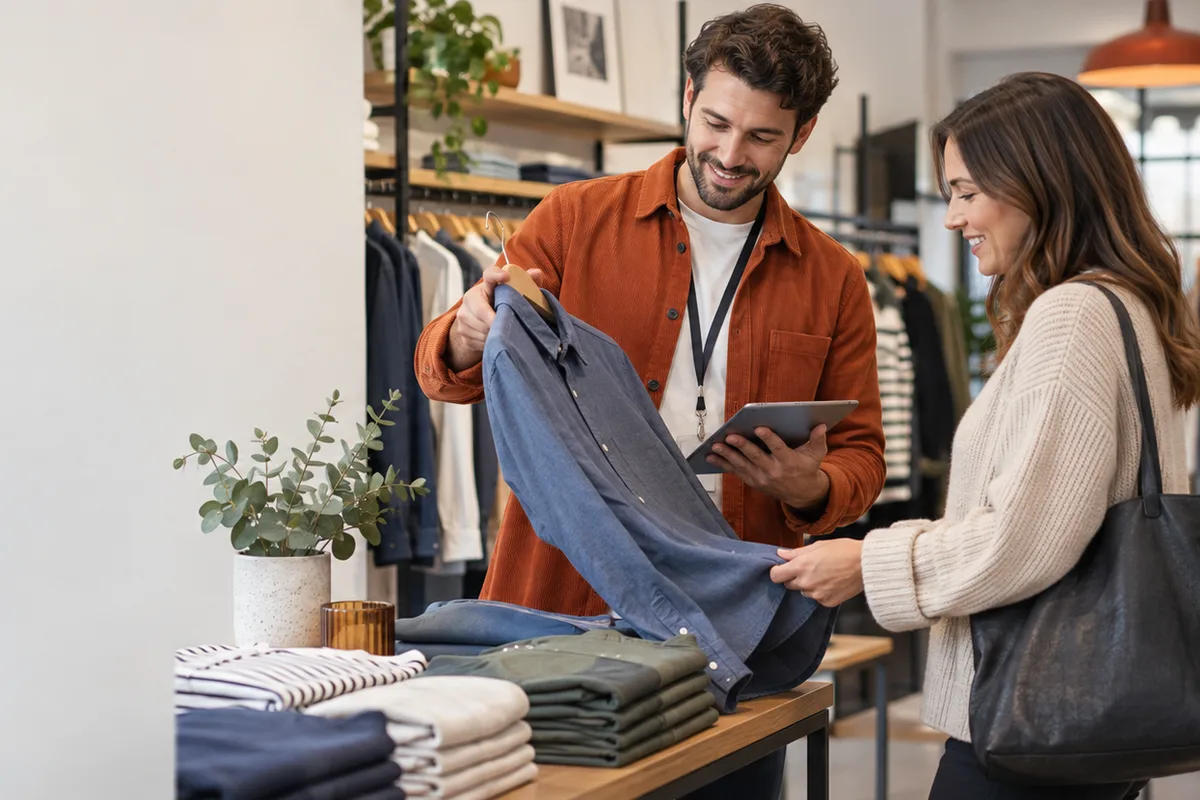 A retail colleague helping a customer in a contemporary clothing shop.