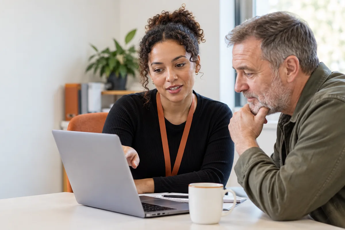 A public-service adviser assisting someone with an online process.