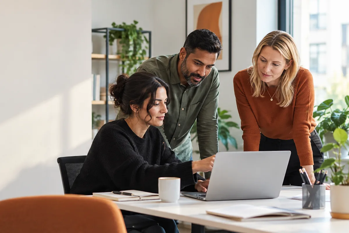 Financial-service operations specialists reviewing a modern working environment.