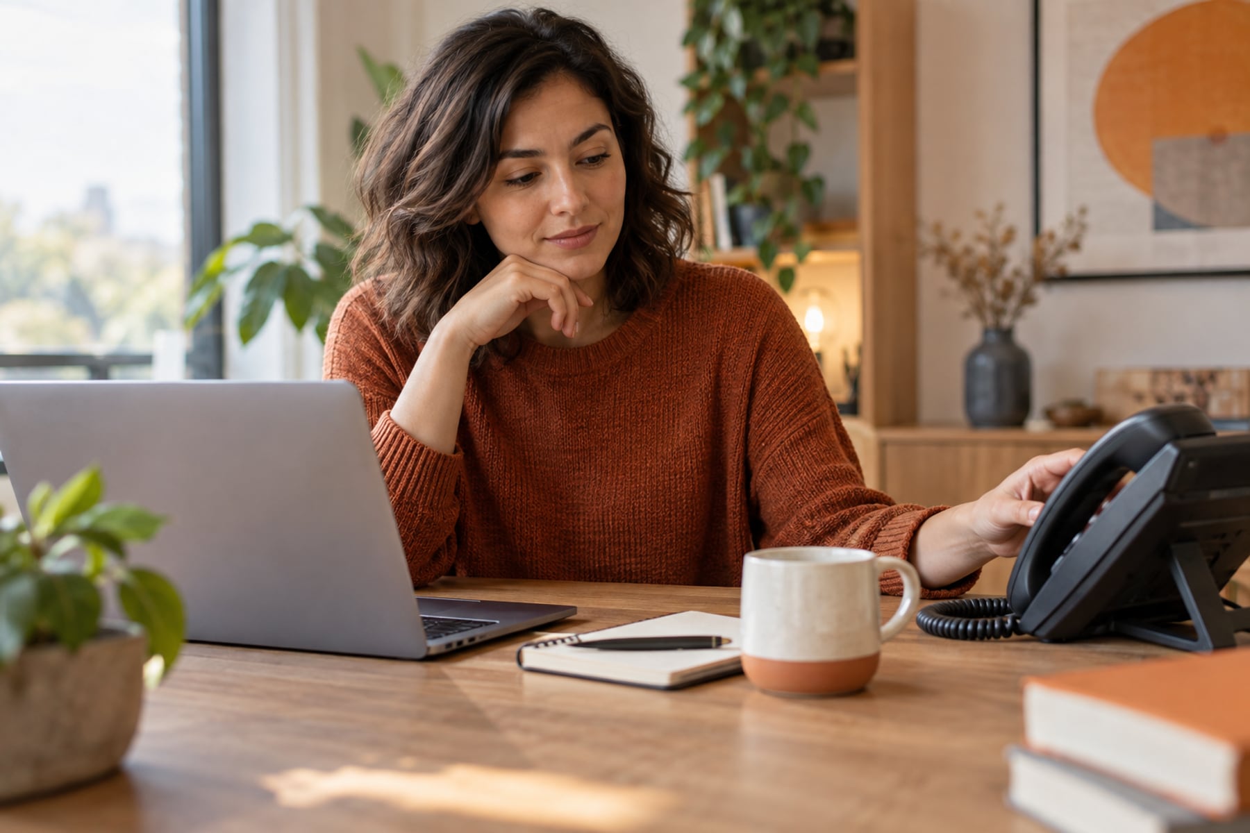 A person choosing between a laptop and a telephone while seeking help.