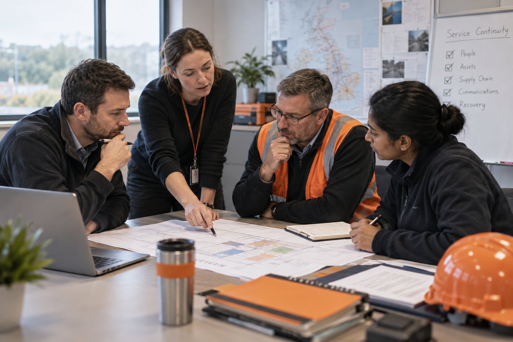 Engineers and operations staff reviewing a service continuity plan.