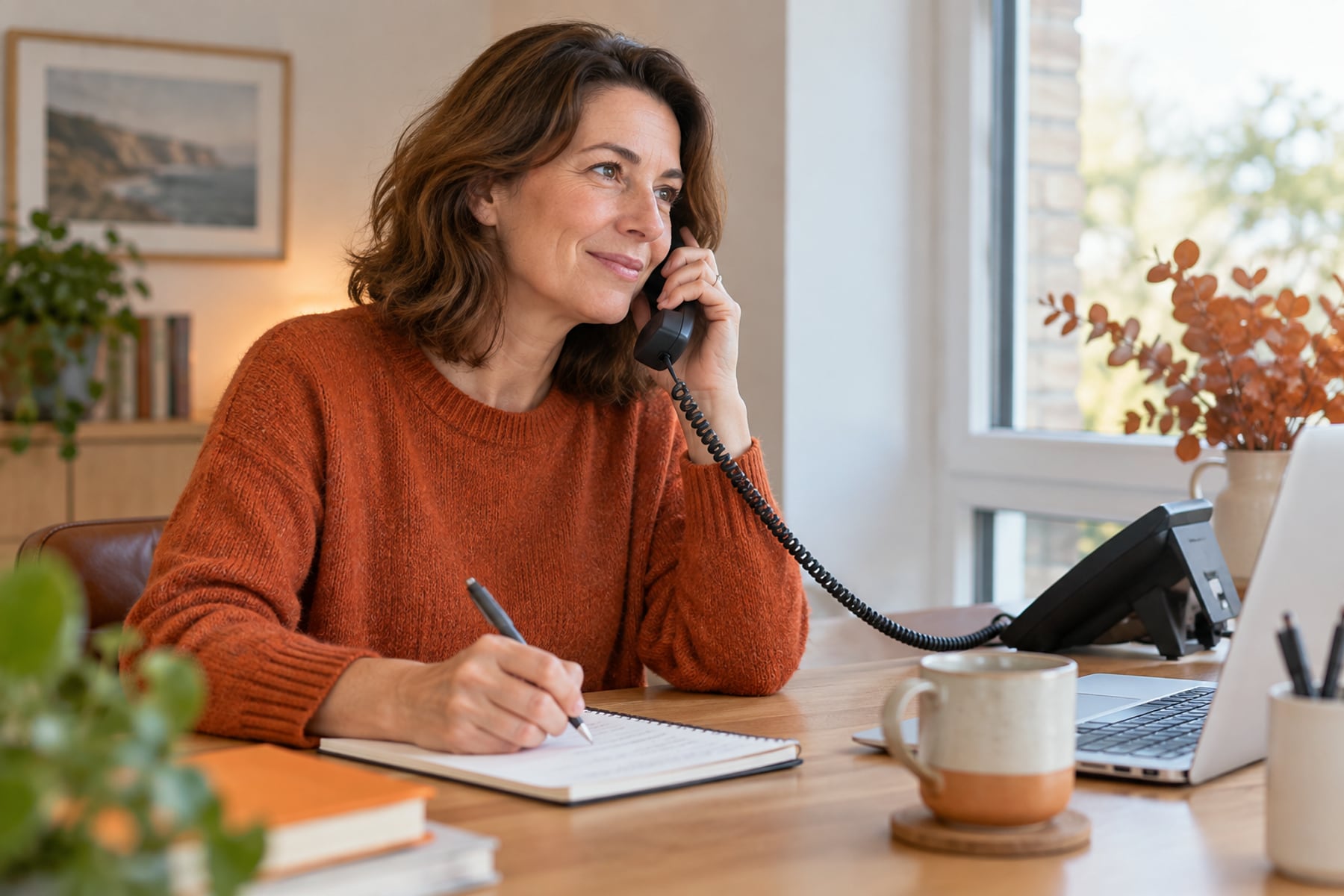 A customer using a telephone in a calm everyday setting.