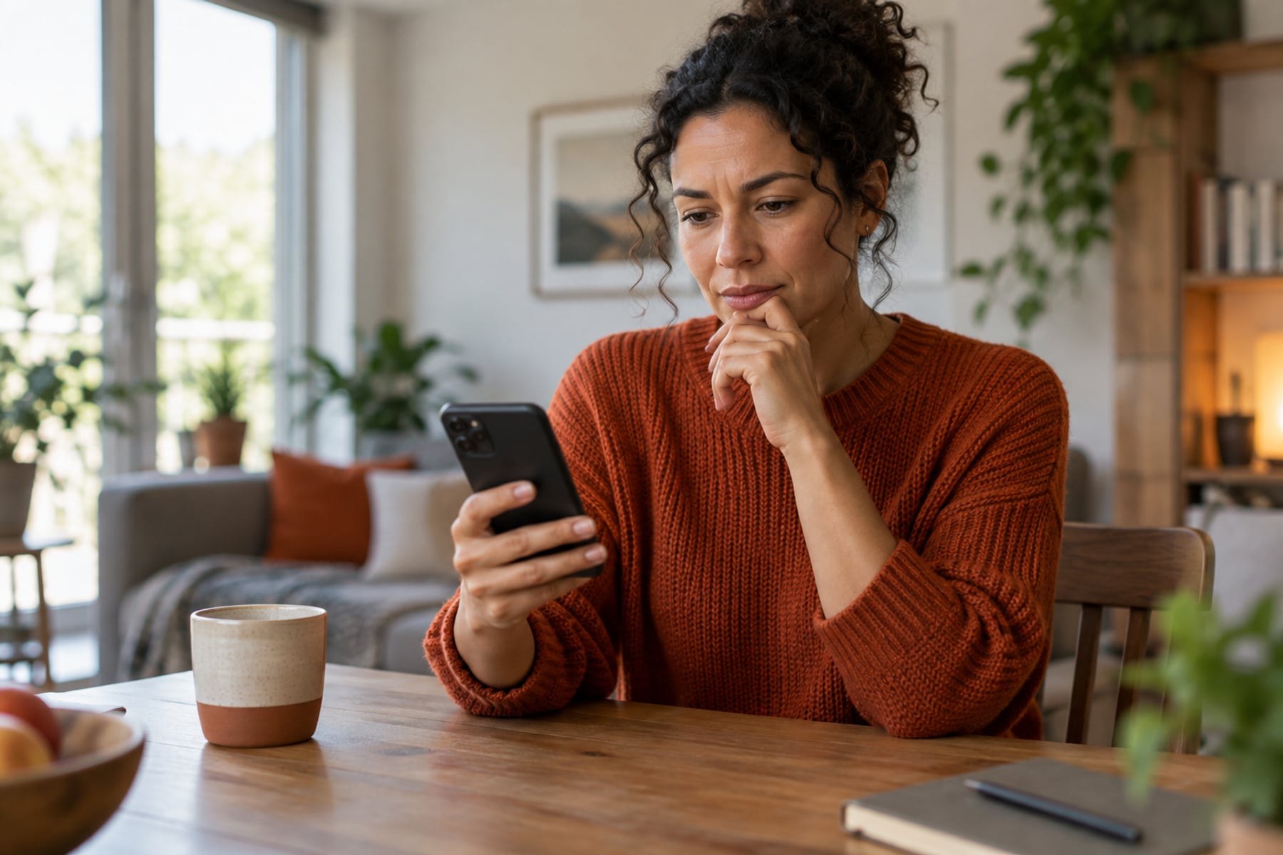 A person considering an unexpected call on a smartphone.