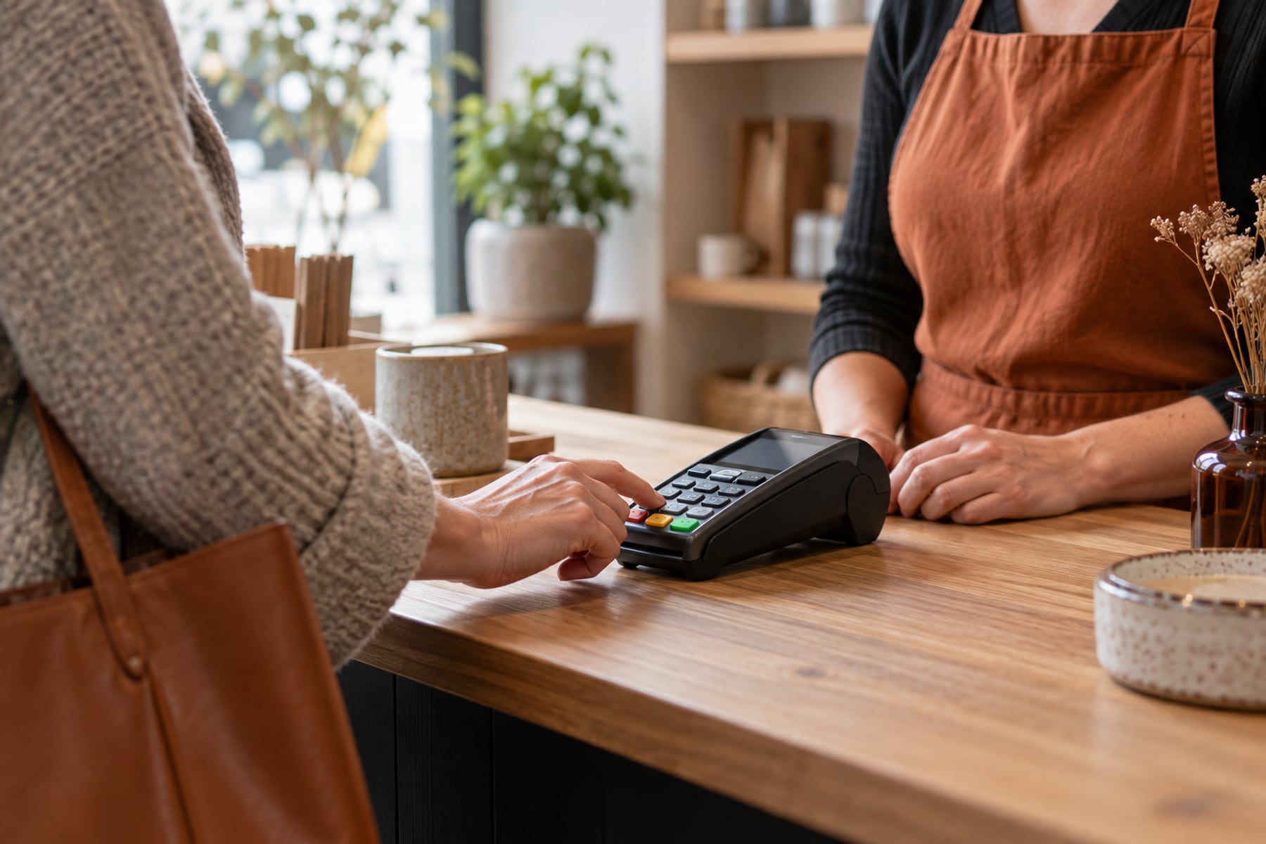A customer using a telephone keypad during a payment interaction.