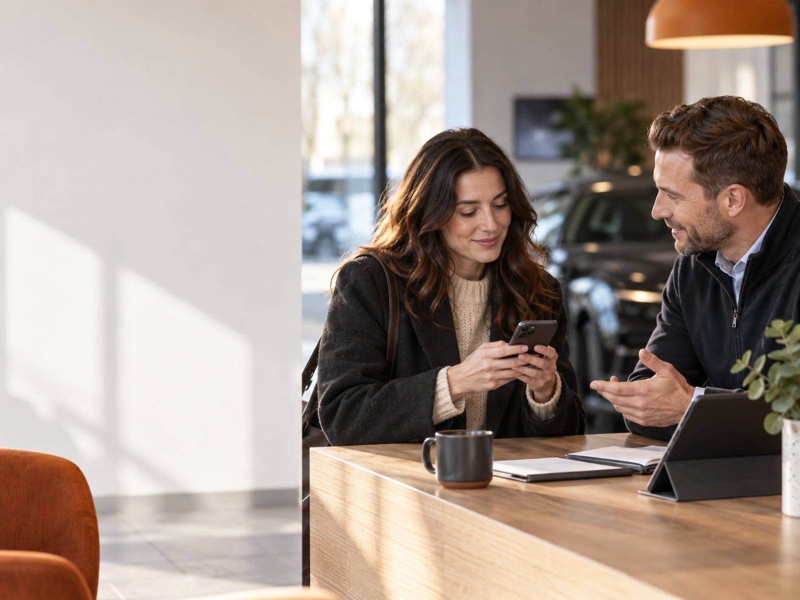 A customer using mobile messaging while speaking with a service adviser.