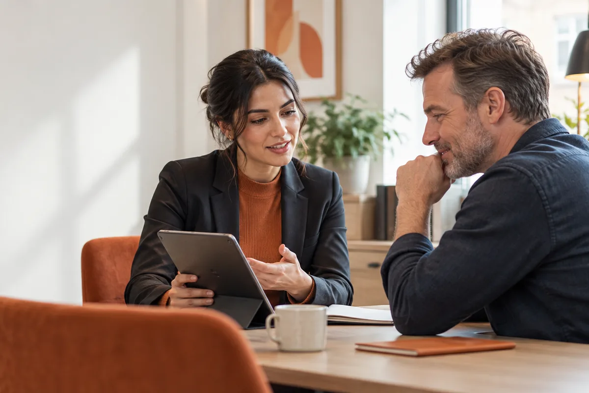 A banking adviser helping a customer understand a service.